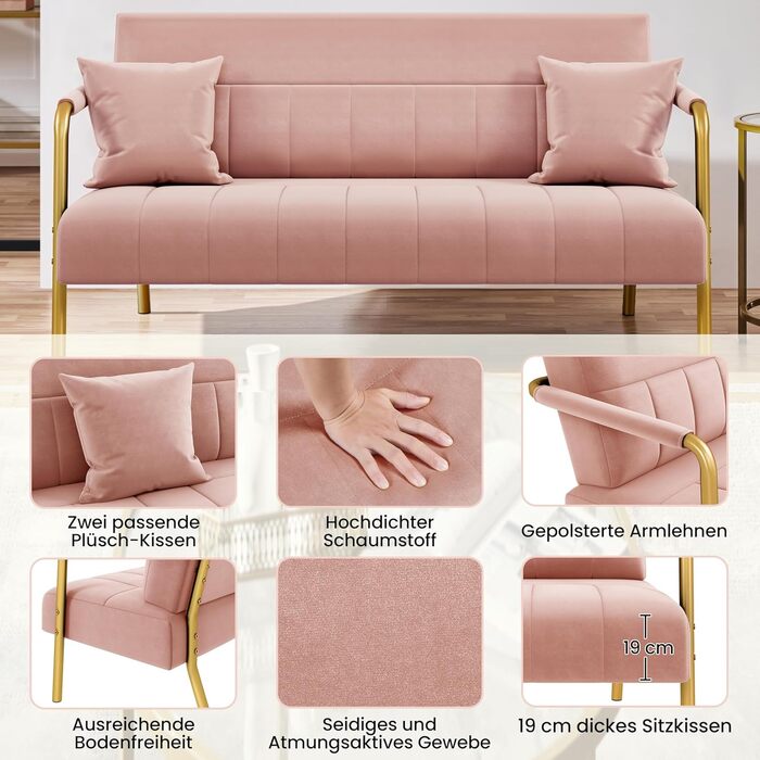 М&39який диван Yaheetech з підлокітниками та металевими ніжками, сучасний двомісний диван з 2 поперековими подушками, диван для вітальні, домашнього офісу, рожевий, 143,5 см Ш, рожевий