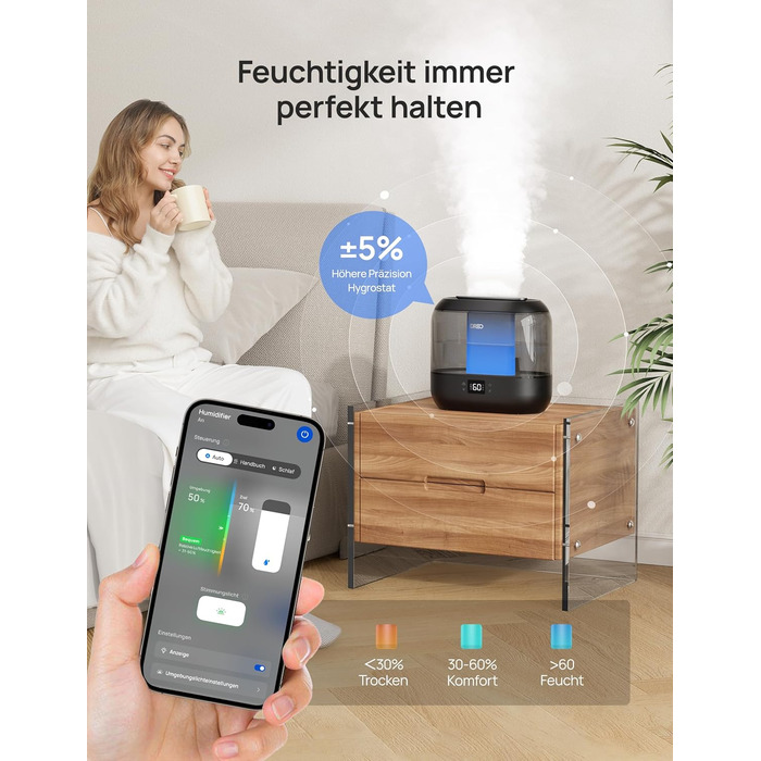 Розумний зволожувач повітря Dreo для спальні, супер великий зволожувач повітря з масляним дифузором і нічним світлом, з верхнім на