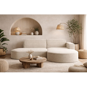 Кутовий диван з вітальнею, L-подібний кутовий диван, 3-місний диван, м&39який диван, зручний диван з пуфом для вітальні, розкладний диван, стильний вельветовий диван, Modena Studio, бежевий, правий, бежевий