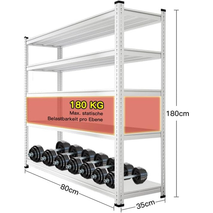 Металева вулична стелажна стійка для зберігання речей з отвором у формі гарбуза, загальна вантажопідйомність 900 кг - 80x35x180 см, 5 полиць (180 кг/полиця) - Біла, для гаража 80*35*180*5 Біла