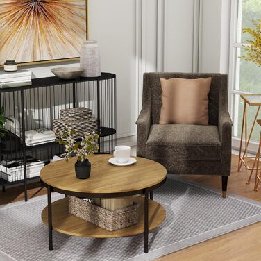 Круглий дерев&39яний журнальний столик Manora, маленький круглий столик для вітальні 80 см, диван-столик з 2 рівнями зберігання, під дуб, металеві ніжки зі сталевим каркасом (світлий дуб), сучасний дуб