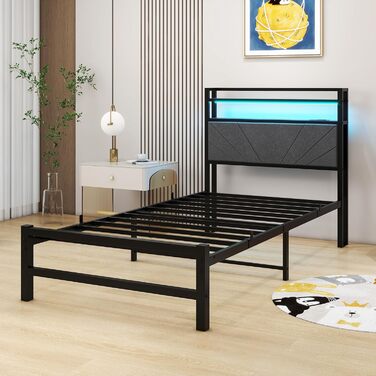 М&39яке ліжко 90x200 см, металеве ліжко, односпальне ліжко, каркас ліжка зі світлодіодним освітленням та зарядною станцією, каркас ліжка з місцем для зберігання речей, дитяче ліжко, гостьове ліжко, каркас ліжка з узголів&39ям, темно-сірий колір 90 x 200 с