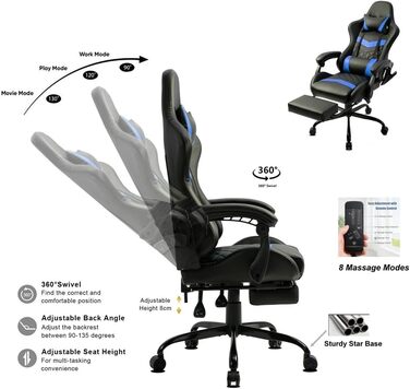 Ігрове крісло Delman, гоночне крісло, офісне крісло, комп&39ютерне крісло, масажне крісло з 6 точками вібрації, крісло керівника, штучна шкіра, ергономічна підставка для ніг 12-0037 (синє)