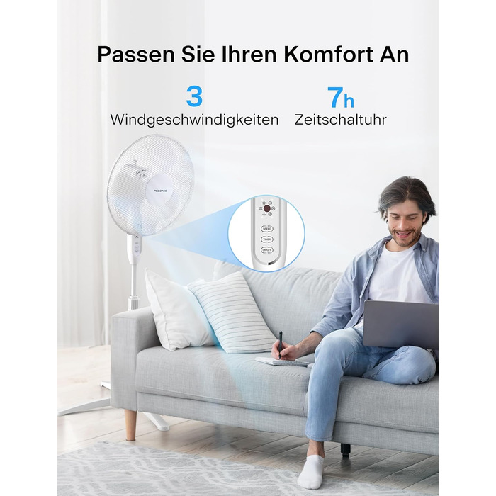 П'єдестальний вентилятор Pelonis, 16-дюймовий вентилятор безшумний з пультом дистанційного керування, регульований по висоті, 3 ре
