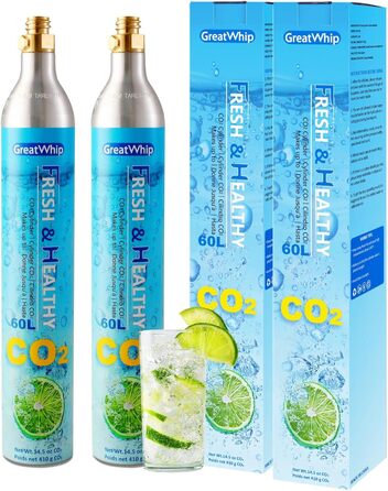 Циліндр 60 л для виробника газованої води, карбонатор преміум-класу, що загвинчується, сумісний із звичайними виробниками газованої води, SodaStream, Aarke тощо, 425 г перероблений різьбовий циліндр * Не для швидкого підключення, 2 шт., CO2