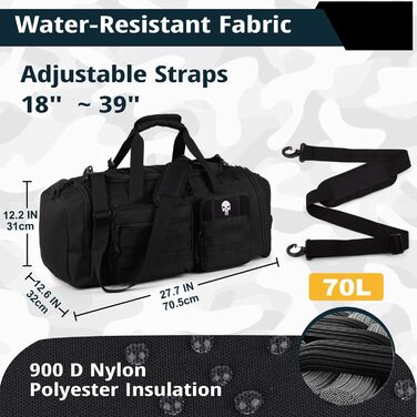 Тактична спортивна сумка для чоловіків, велика спортивна дорожня сумка 3-в-1 об&39ємом 70 літрів з відділенням для взуття, водонепроникний дорожній рюкзак для чоловіків та жінок, сумка для вихідних та ночівлі з відділенням для вологих речей. Розмір Чорний