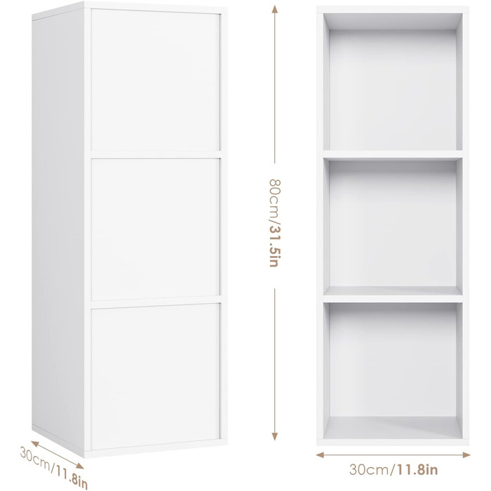 Книжкова полиця з 3 відділеннями, книжкова шафа, окремостояча полиця, офісна полиця для вітальні/кабінету, 30 x 30 x 80 см, біла