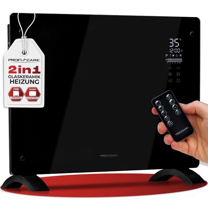 Електричний обігрівач ProfiCare зі скляною передньою частиною та X-подібним нагрівальним елементом портативний обігрівач, також підходить для настінного монтажу конвекторний обігрівач з 2 режимами нагріву безшумний нагрів - 0 дБ PC-GKH 3118 чорний