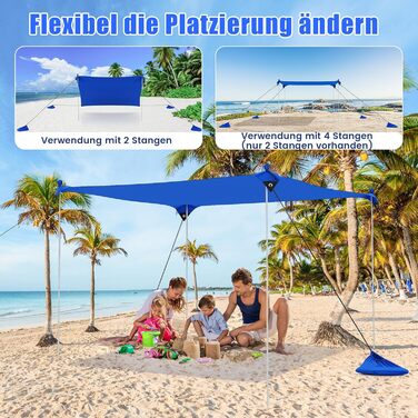 Пляжний намет COSTWAY 230 x 200 см, UPF 50, Сонячний намет з піщаними кріпленнями, мішками з піском та 2 опорними стійками, портативний сонцезахисний навіс, сонцезахисний тент для пляжу, риболовлі, пікніка (синій) 230 x 200 см синій