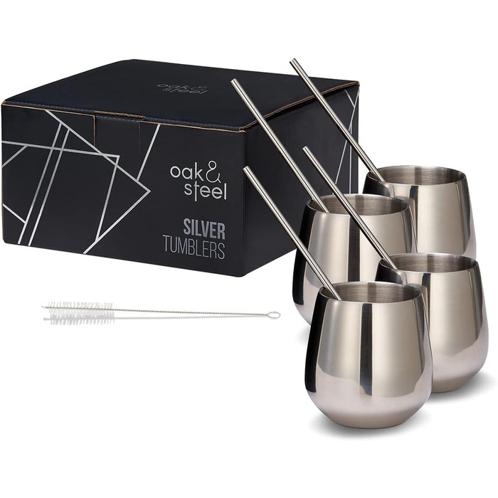 Келихи для червоного вина з нержавіючої сталі без ніжки, 4 металеві соломинки та 2 щітки для чищення, 350 мл - міцні та небиткі -