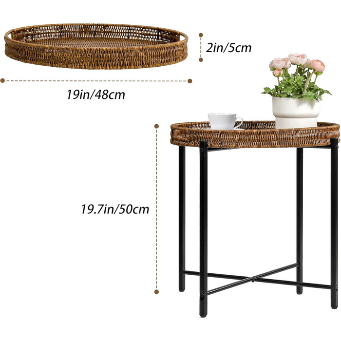 Плетений круглий журнальний столик 48 x В50 см, журнальний столик зі знімним підносом, журнальний столик з регульованими ніжками діаметр 48 см x висота 50 см