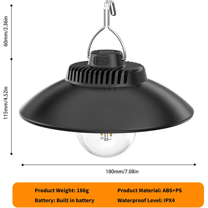 Ретро-ліхтар для кемпінгу світлодіодний акумуляторний, 200 люмен, водонепроникний IPX4, акумуляторний з батареєю 2600 мАг, наметовий ліхтар для кемпінгу та надзвичайних ситуацій (теплий білий) вінтажний