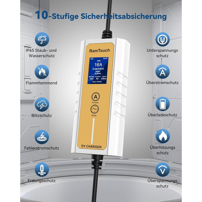 Зарядний кабель RamTouch для електромобілів типу 2 Schuko (3,7 кВт, 6,5 м), мобільна настінна коробка Schuko з регульованою та зап