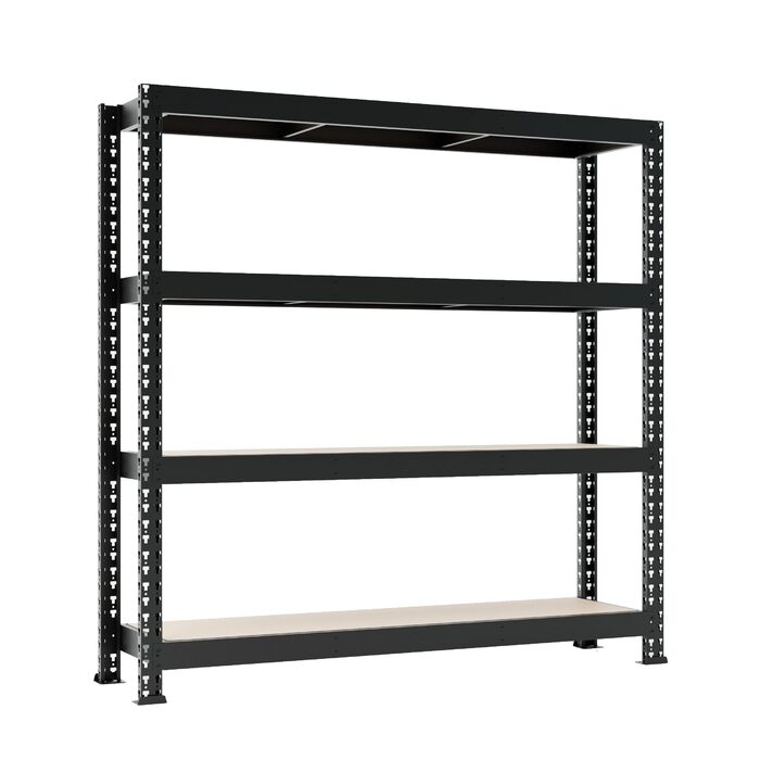 Стелаж для зберігання Metalkas MEGA-MET 500 з 4 полицями з МДФ, 180x180x60 см, вантажопідйомність полиць 500 кг, полиці з регулюванням висоти, надміцний стелаж, стелаж для підвалу, стелаж для майстерні, виготовлений з металу, чорний 180x180x60 см/вантажоп