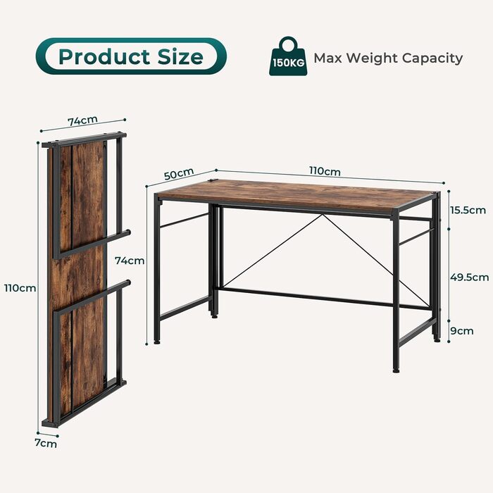Складаний комп&39ютерний стіл 110 x 50 см Складаний комп&39ютерний стіл зі сталевим каркасом Компактний ПК-стіл Водонепроникний стіл для домашнього офісу, кабінету (ретро-коричневий) 50 x 100 см Ретро-коричневий