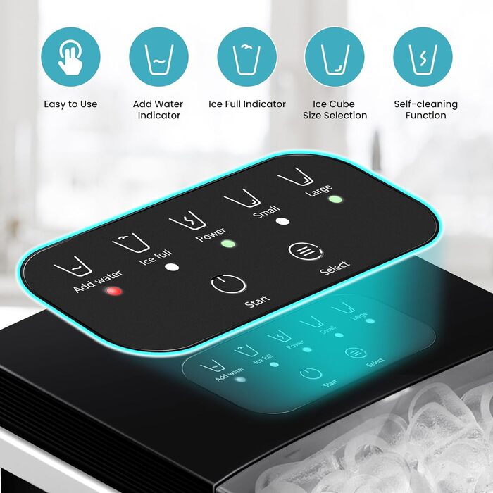 Машина для виробництва кубиків льоду WOLTU, 15 кг/24 години, 9 кубиків льоду за 7 хвилин, резервуар для води 1,4 л, 2 розміри кубиків льоду, світлодіодний екран, функція самоочищення, льодогенератор з прозорою кришкою, чорний 1,4 л чорний