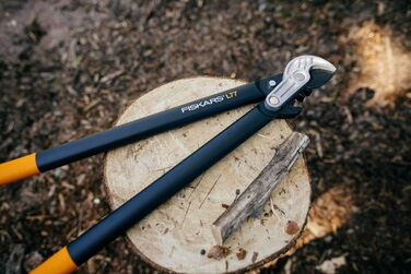 Садові секатори Fiskars PowerGear з механізмом передачі для сухого гілля та пагонів, з нарізним та тупим лезом, антипригарним покриттям, виготовлені з міцної інструментальної сталі, довжина 69 см, чорно-помаранчеві, L77, 1000583 L77 (діаметр гілок до 5 см