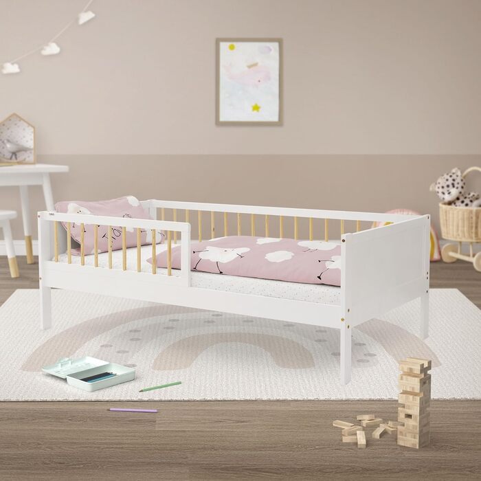 Дитяче ліжко ML-Design 80x160 см Біло-Натуральний, Односпальне ліжко для дітей з рейковою основою та захистом від падіння, Дитяче ліжко з сосни, Дерев&39яний каркас ліжка для хлопчиків та дівчаток, Дитяче ліжко з масиву дерева, Ліжко для малюків 80 x 160 