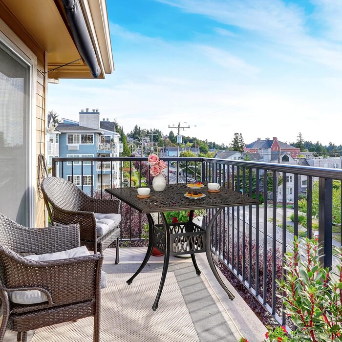 Садовий стіл Relaxdays з отвором для парасольки, античний вигляд, литий алюміній, 75 x 90 x 90 см, прямокутний балконний стіл, чорний/бронзовий