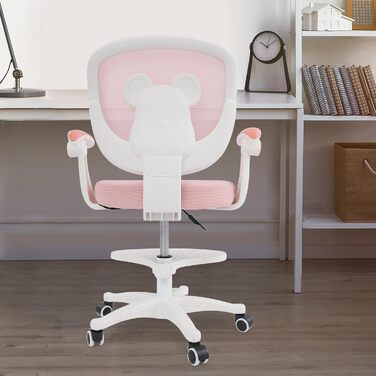 Дитячий офісний стілець для дітей віком від 6 років, регульований по висоті обертовий стілець, ергономічний офісний стілець з підлокітниками, спинкою та колесами, стілець для хлопчиків та дівчаток (рожевий)