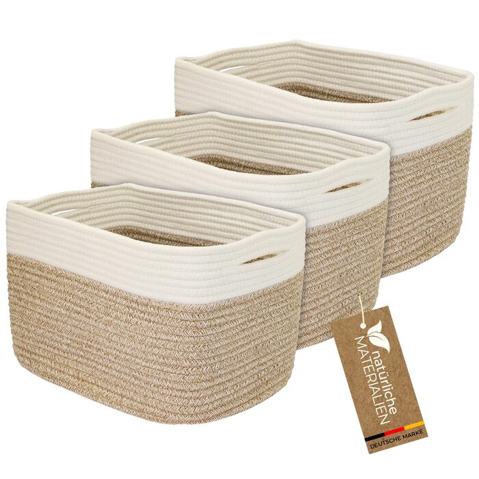 Кошик для зберігання HMF з прихованими ручками, набір з 3 шт. , бавовняний кошик 37,5 x 25 x 22,5 см біло-коричневий