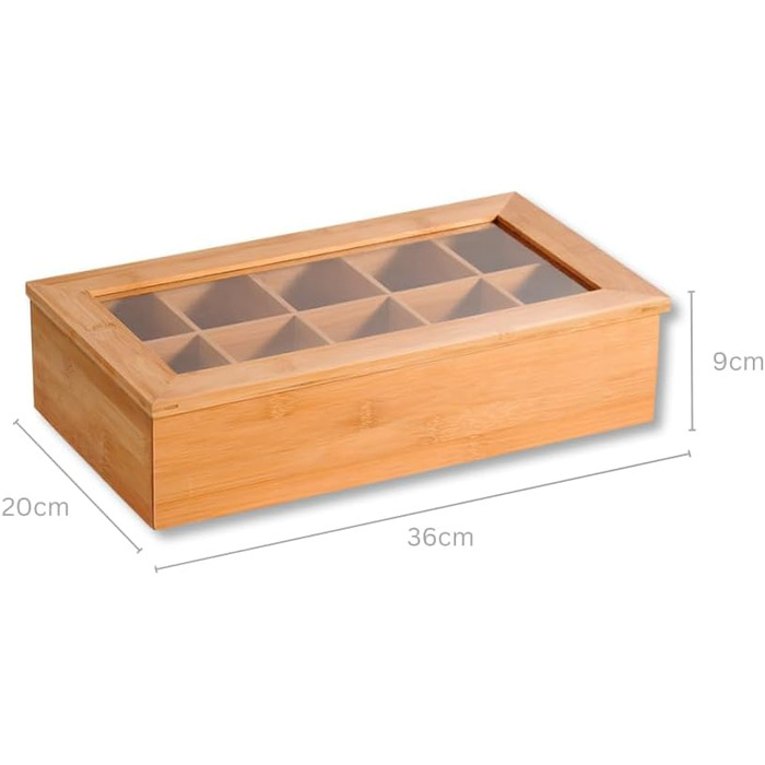 Чайна коробка з 10 відділеннями та оглядовим віконцем, матеріал бамбук, розміри Ш 36 x Г 20 x В 9 см, колір коричневий 58901 13 36 x 20 x 9 см коричневий