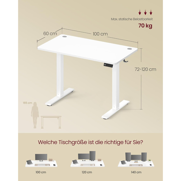 Стіл з регульованою висотою, стіл для роботи стоячи, комп&39ютерний стіл, нагадування про тривале сидіння, функція пам&39яті з 4 висотами, для офісу, 100 x 60 см, хмарно-білий LSD310WZ03 хмарно-білий 100 x 60 см