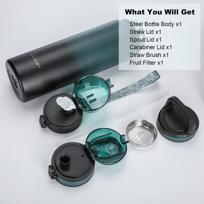 Пляшка для води OLDLEY з нержавіючої сталі з трубочкою 1 л, ізольована, з 3 кришками, велика термос 1 літр, герметична, зберігає тепло та холод, для спорту, тренажерного залу, кемпінгу, їзди на велосипеді (темно-зеленийчорний, 3 кришки) темно-зеленийчорни