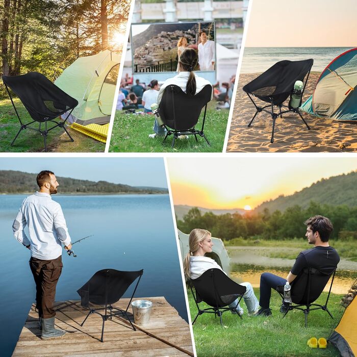 Складаний кемпінговий стілець, надлегкий маленький складний стілець, регульована висота, з боковими кишенями, компактний кемпінговий стілець для пікніків, риболовлі, садівництва, пішого туризму, спорту, активного відпочинку, походів, чорний - 2 шт.