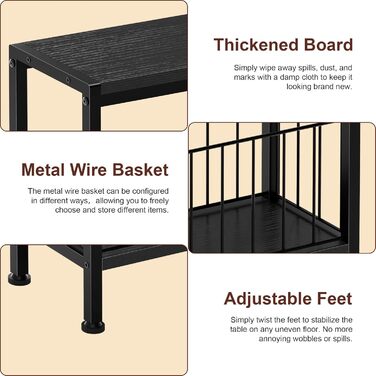 Вузький приставний столик, тонкий приставний столик з полицею для журналів, 2 полиці, вузька тумбочка біля ліжка, маленький журнальний столик для вітальні, спальні, кабінету, 20 x 43 x 58 см (Чорний)