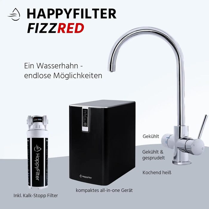Чайник для виробництва газованої води HappyFilter FizzRed охолоджений шипучий кип'ятіння Сенсорний чорний змішувач 3в1 Фільтр від накипу Диспенсер для води Офіс Кухня Стаціонарне підключення до водопроводу Адаптер CO2 425 г 3 в 1 чорний 425 г CO2
