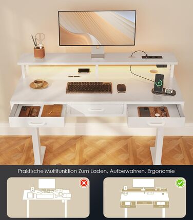 Електричний письмовий стіл OffiGo з шухлядами, стіл з регульованою висотою 120 см та підставкою для монітора, стіл для роботи стоячи з розетками та світловою стрічкою, офісний стіл з регульованою висотою, білий 120 x 54 см