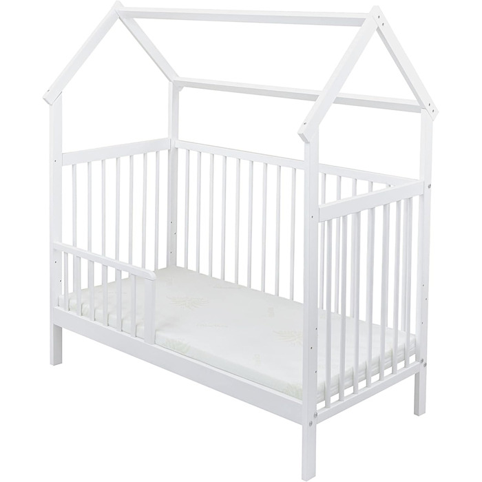 Комплект дитячого ліжечка Generic Baby Deluxe, ліжко-будиночок 60x120 см, білий захист від падіння, матрац для ліжечка, комплект постільної білизни (мусліновий балдахін, рожевий мусліновий вафельний піке)