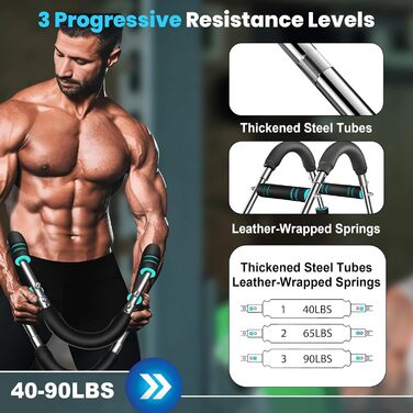 Регульований тренажер для силових тренувань Twister Arm з 3 рівнями опору 40-90 фунтів - U-подібний силовий тренажер для грудей для чоловіків та жінок - еспандер для грудей, тренажер для плечей, зап&39ястя, спини