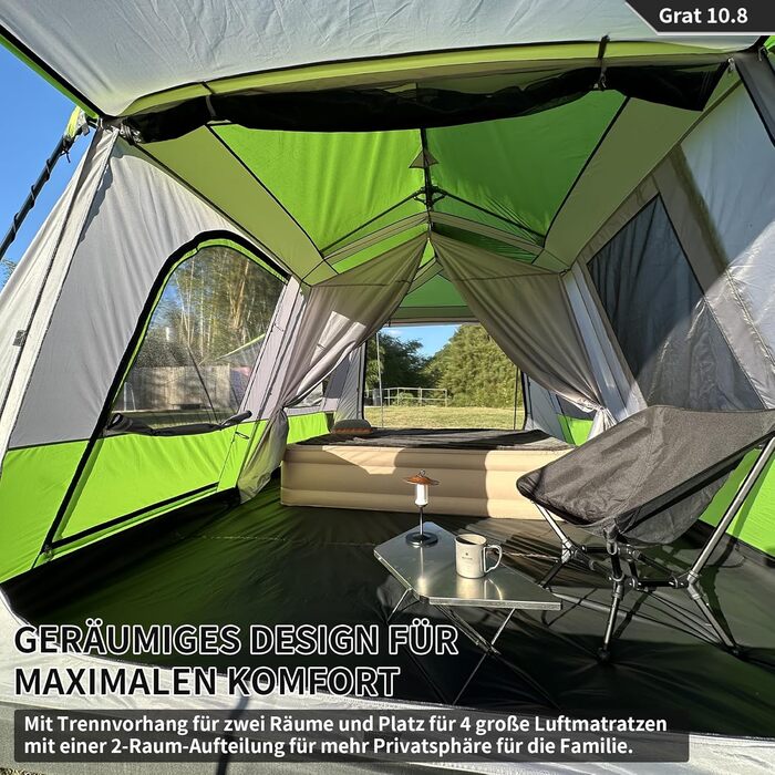 Намет TENPLAY Instant Pop-Up, великий сімейний намет, 2-8 осіб, легке встановлення, Rainfly, 2 кімнати, сумка для перенесення, водонепроникний PU 3000 мм, місткий та повітропроникний, для кемпінгу, пікніків, вечірок