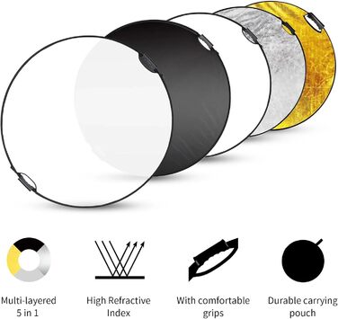 Рефлектор для фотографій Рефлектор 5в1 срібло біле золото портативний розбірний м'який легкий круглий фотознімок для студії (60 см-золото slver)