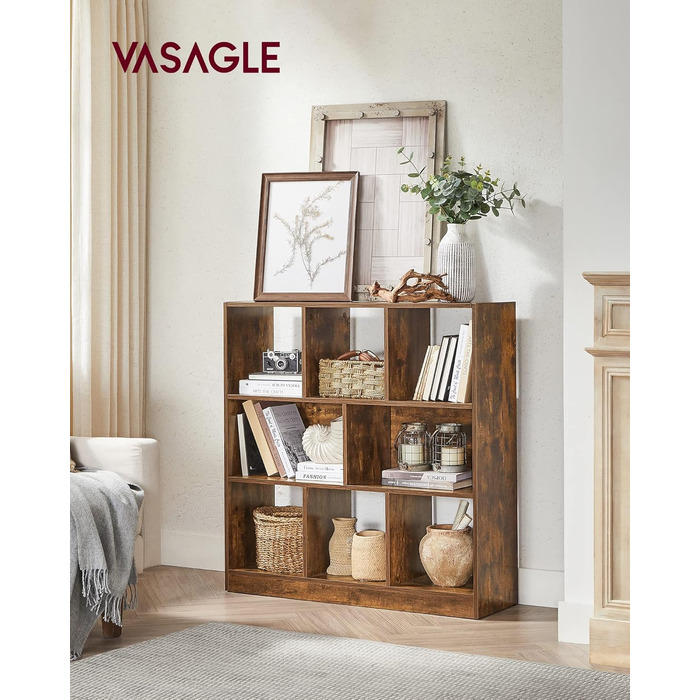 Книжкова полиця VASAGLE, полиця, кубічна полиця, окремостояча полиця, 8 відкритих відділень, можна використовувати горизонтально, вертикально або догори дном, 30 x 97,5 x 100 см, для вітальні, кабінету, офісу, вінтажний коричневий LBC52BX 8 кубічних вінта