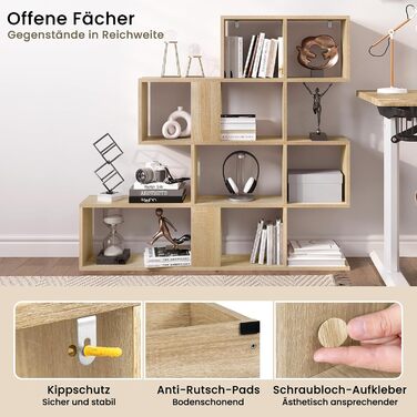 Рівнева книжкова полиця, полиця-перегородка кімнати з 11 відкритими відділеннями, окремостояча полиця для сходів, полиця-ступінь, для вітальні, спальні, офісу, 115x109,5x19,5 см, світлий дуб, 4-