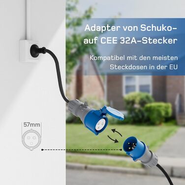Зарядний кабель тип 2 CEE штекер 7.4кВт 1-фазний7м6-32А з регульованою потужністю зарядки, зарядний пристрій для електромобілів та