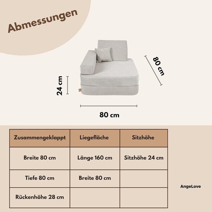 Дитяче крісло Angelove 3-в-1 - Складаний дитячий диван та ігровий матрац з вельвету, Зручне ігрове крісло від 1 року, Бежевий