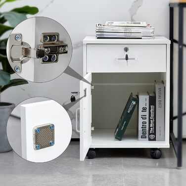 Шафа для документів на колесах із замком, дерев&39яна, з шухлядою та закритим місцем для зберігання, мобільна шафа під столом для паперу та папок формату А4, біла, 1 шухляда 1 дверцята для зберігання