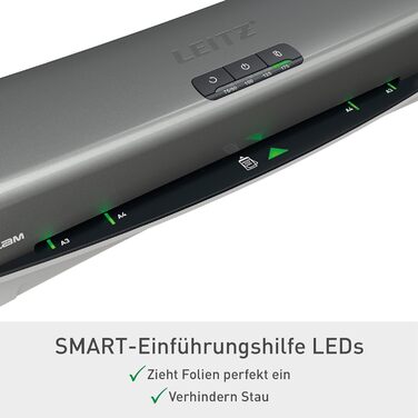 Ламінатор Leitz iLAM Office Pro A3, надшвидкий розігрів 1 хвилина, для плівок 75-175 мікрон, світлодіоди доступності та світлодіодний індикатор стану, функція захисту від застрягання, автоматичне вимкнення, стартовий комплект для роботи з плівками, сірий/