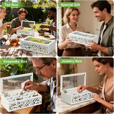 Чайна коробка, коробка для чайних пакетиків, перфорована дерев&39яна коробка для зберігання чаю з 12 відділеннями, контейнер для зберігання зі скляною стінкою та кришкою (білий) - чайна скринька для чайних пакетиків, цукру, кавових капсул