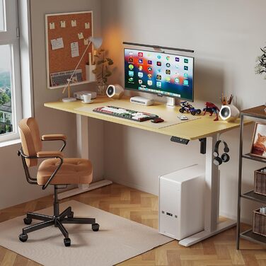 Стіл з регульованою висотою, електричний комп&39ютерний стіл 140 x 60 см, стіл для роботи сидячи та стоячи з 4 положеннями пам&39яті, стіл для роботи стоячи з 2 гачками для офісу, з&39єднувальна пластина, дуб