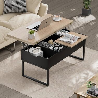 Розсувний журнальний столик з регульованою висотою, шухлядами та відкритим відділенням, коричнево-чорний, легкий підйом та закриття, більші приховані відділення