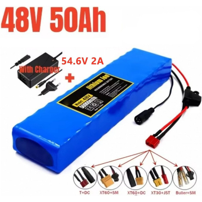 Велосипедний літій-іонний акумуляторний блок Водонепроникний ПВХ акумулятор Перезаряджається літій-іонний акумулятор для електровелосипеда, скутера BMS XT60/T штекер 54.6V 2A зарядний пристрій XT60 шт. екер 48V 50Ah, 48V 50Ah