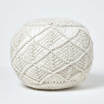 Пуф Homescapes Crochet Pouf, натуральний, кругла підлогова подушка 35 x 40 см у стилі бохо, декоративна підставка для ніг у стилі макраме, в&39язаний гачком пуф зі 100 бавовни, в&39язаний гачком пуф/в&39язаний табурет 35 x 40 см натуральний