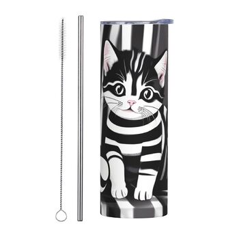 Кухоль з прямою трубочкою, 590 мл, чорно-білий смугастий принт кошенят, дорожній кухоль, підходить для кемпінгу, офісу та дому
