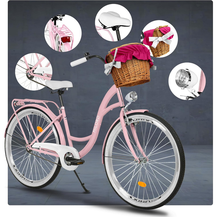 Жіночий міський велосипед MILORD Comfort з плетеним кошиком, вінтажний, 26, 28 дюймів, 1 швидкість, рожевий, 26 дюймів