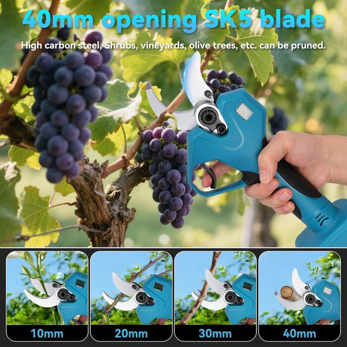Акумуляторні садові ножиці 40 мм Акумуляторні садові ножиці з дисплеєм, 2000 мАг x2, для садівництва, винограду, фруктових дерев, живоплотів та дерев, сині 40 мм Дисплей